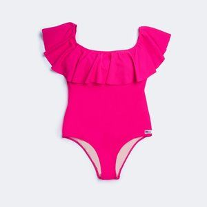 Off Shoulder One Piece Bathing Suit Neon Pink